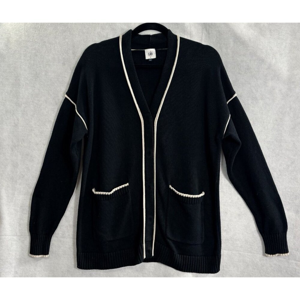 CABI Women 5633 Long Sleeve Snap Front V Neck Sweater Sz M Black Preppy 15-6